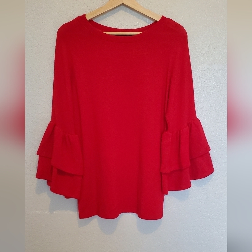 💚5/$25 Seven 7 Elegant Red Ruffle Flared Bell Sleeve Knit Sweater Top